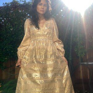 Vtg 60’s 70’s Malcolm Starr Elinor Gold Silver lame gown dress nude empire maxi